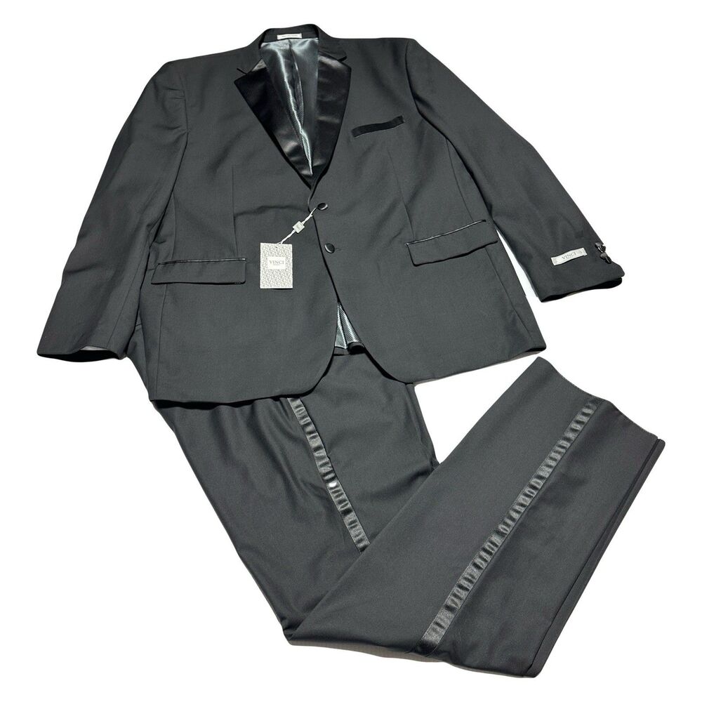 Vinci Men's Tuxedo 2 Piece Suit Black Sateen Lapel & Trim 52 L  46W Unhemmed NWT